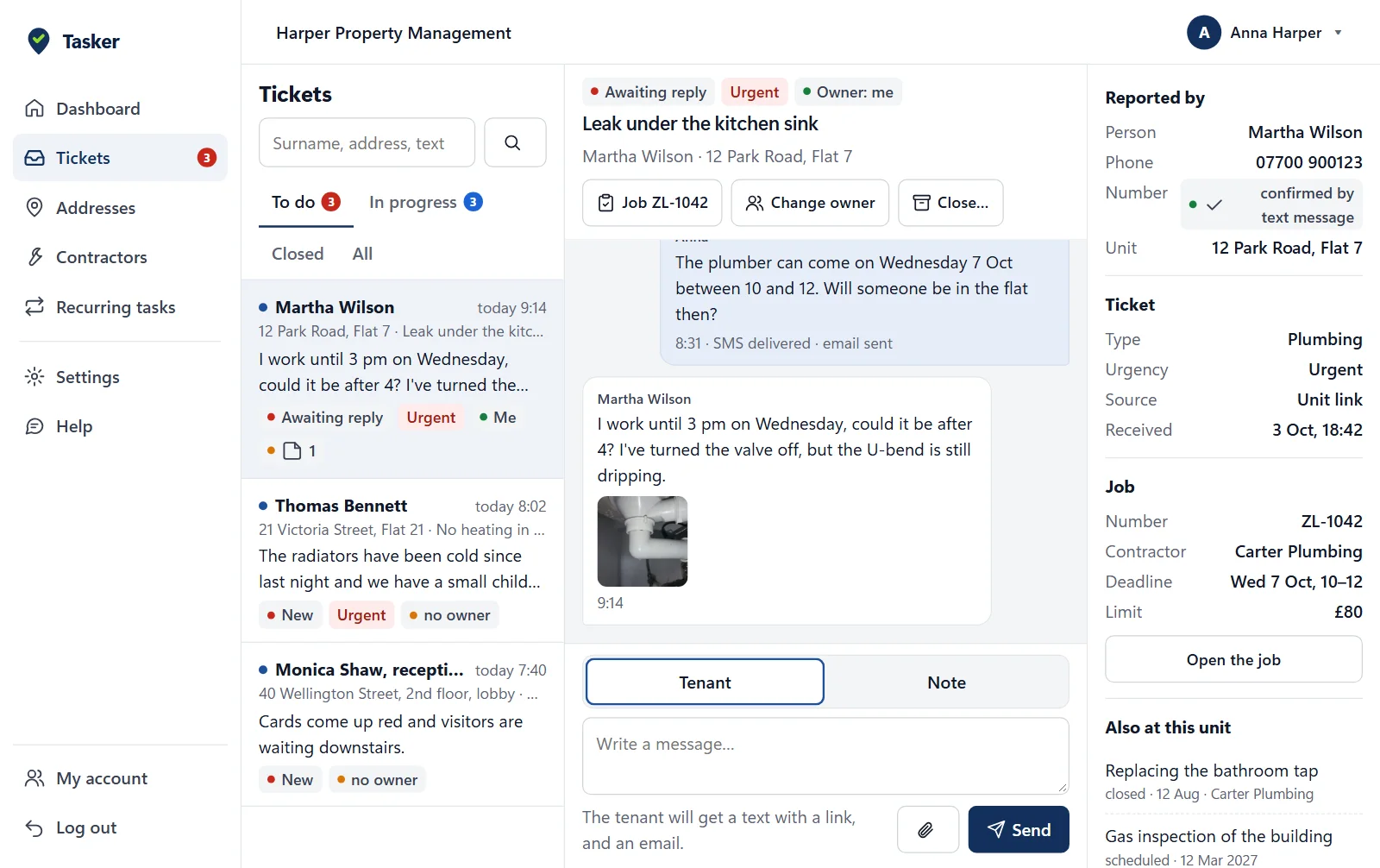 The manager panel in Tasker: the list of issue reports and an open report with the conversation with the tenant
